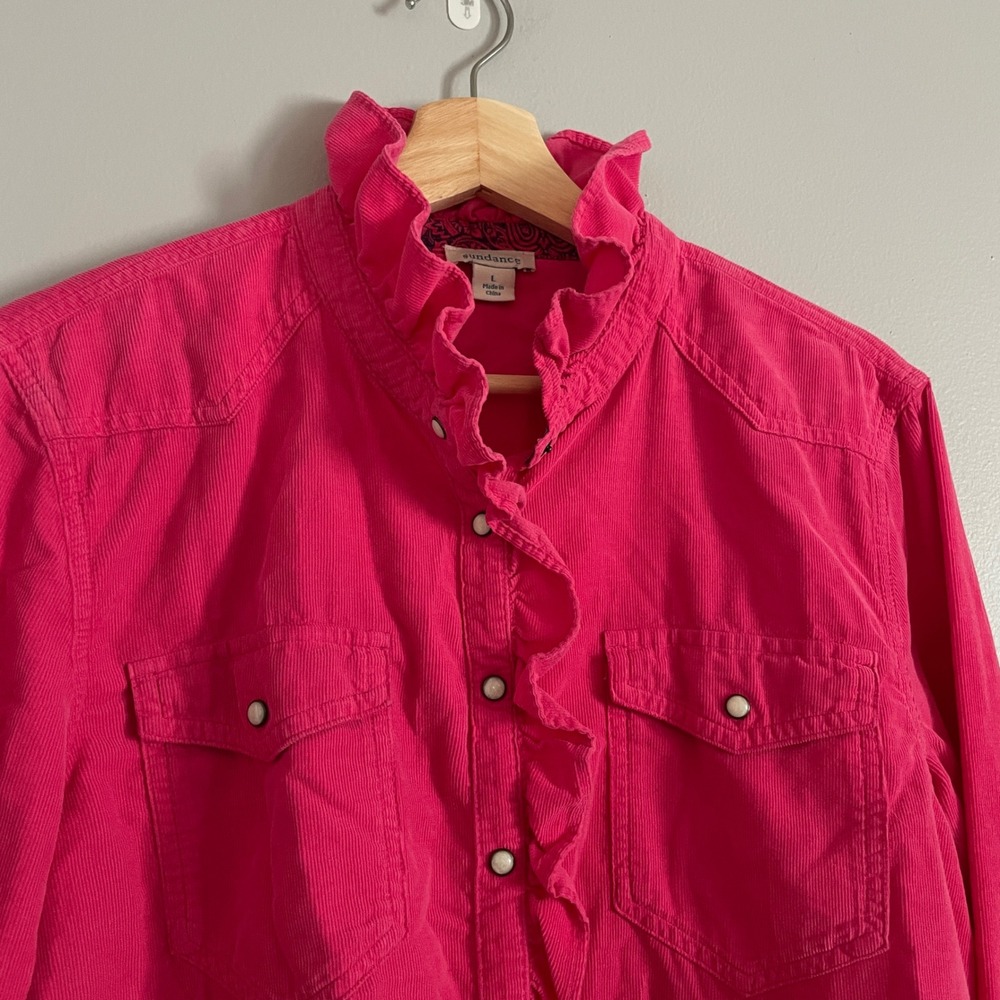 Sundance Corduroy Shirt Womens Large Pink Ruffle Western Snap Button Boho
